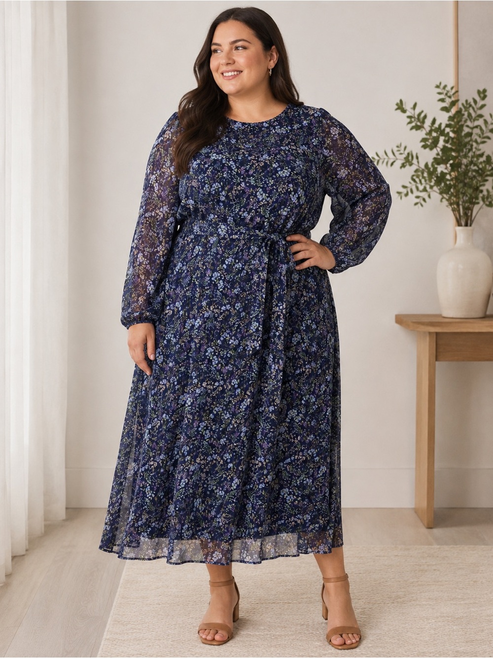 Lands’ End Floral Chiffon Belted Maxi Dress Navy Purple Plus 2X